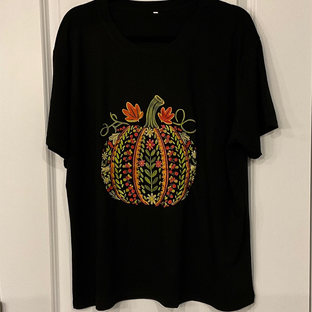 NWOT Black T-Shirt with Floral Pumpkin Design